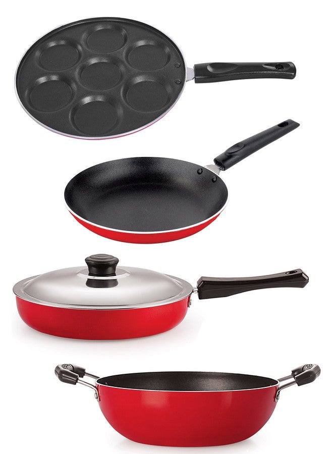 Nirlon Non Stick 4 Piece Tawa Fry Pan and Kadhai Combo Set Aluminium Red & Black - Image 1